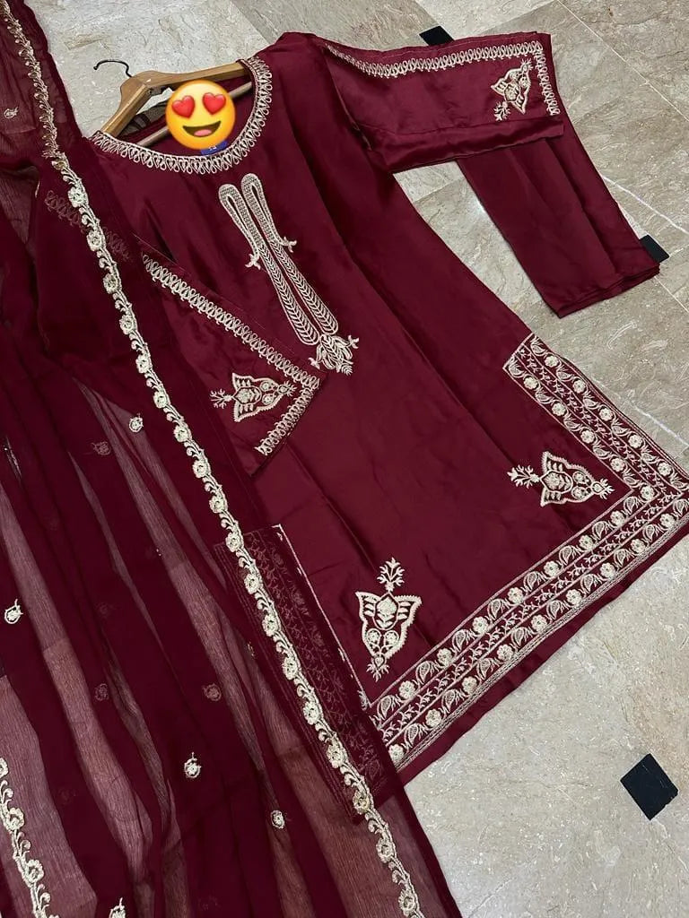 Maroon 3-Piece Shamoz Silk Wedding Suit with Embroidery