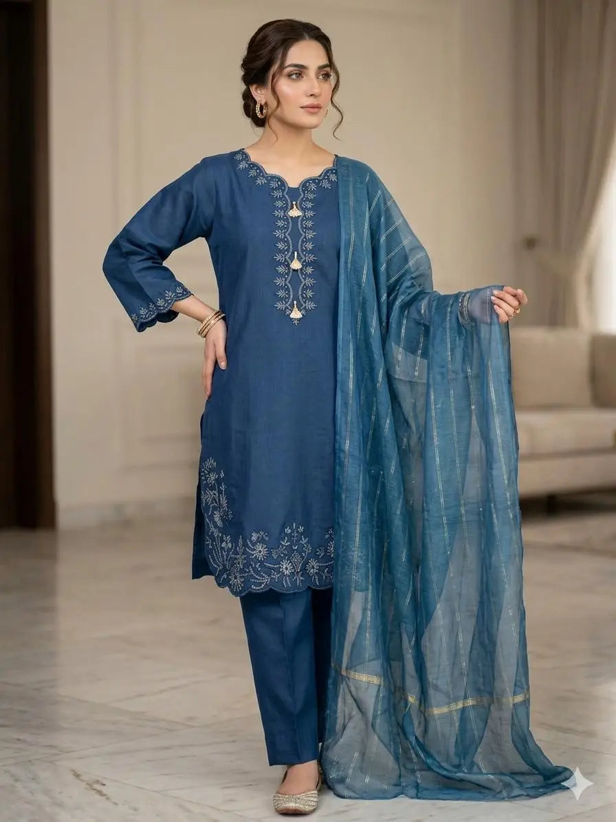 3 Pcs Women’s Stitched Cotton Embroidered Suit