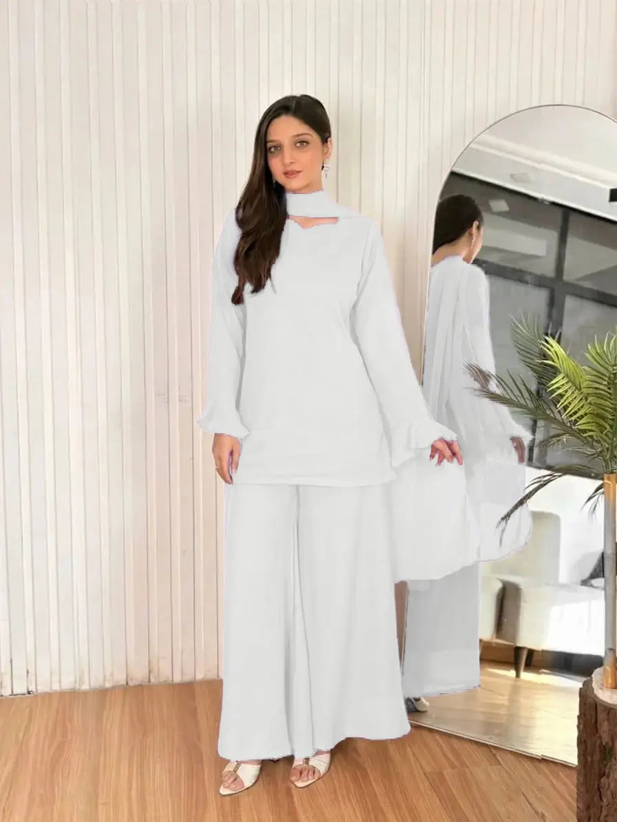 Women's Chiffon Short Shirt Palazzo 3 Piece Suit – Body Fitting Short Shirt with Back Luppi Dori Work, Chiffon Palazzo & Plain Dupatta | Pakistani Stitched Dress