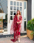 Red Organza Embroidered 3-Piece Suit for Women