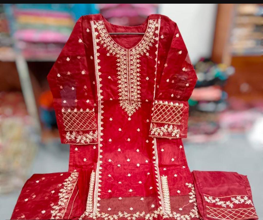 Red Organza Embroidered 3-Piece Suit for Women