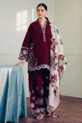 Unstitched Maroon Embroidered 3-Piece Lawn Suit for Eid & Weddings