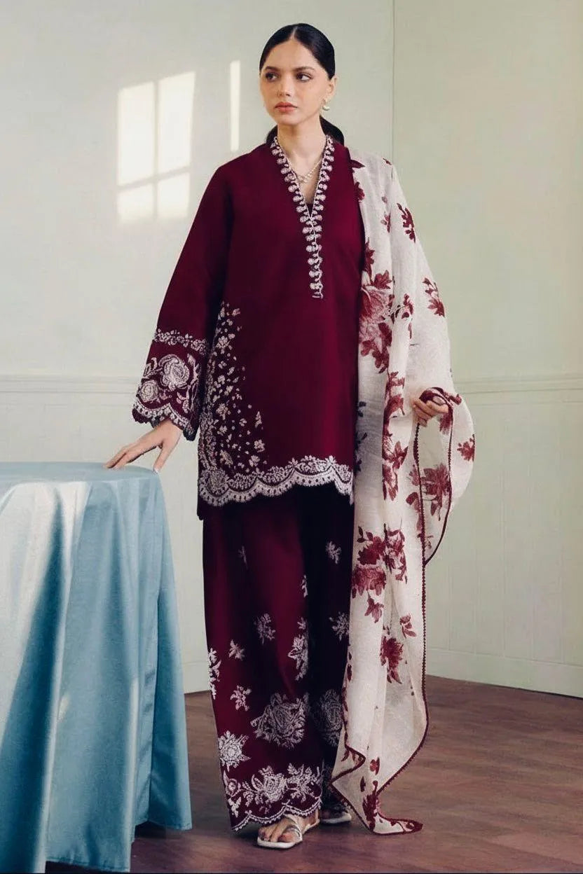 Unstitched Maroon Embroidered 3-Piece Lawn Suit for Eid & Weddings