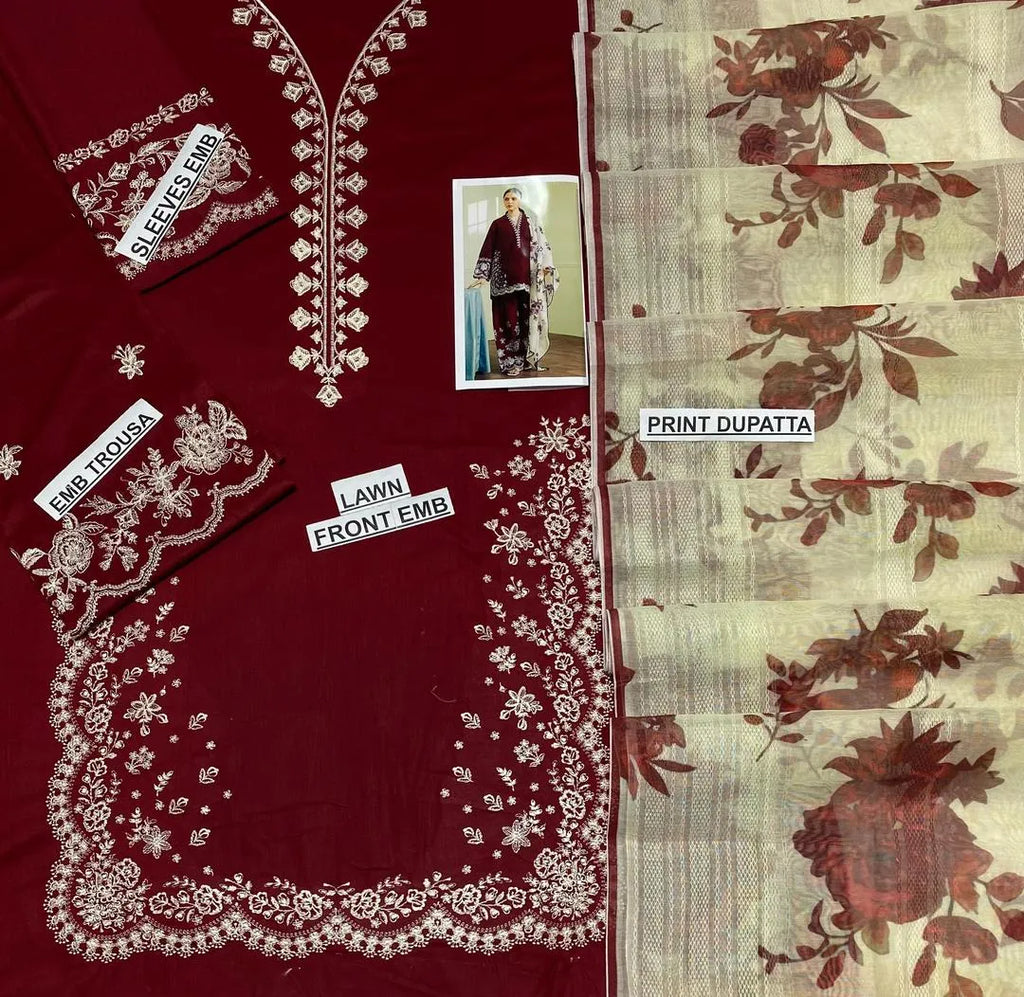Unstitched Maroon Embroidered 3-Piece Lawn Suit for Eid & Weddings