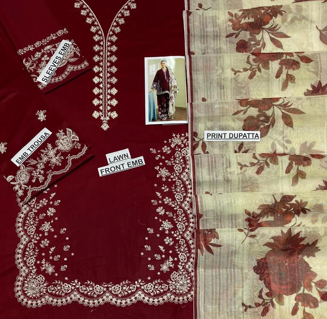 Unstitched Maroon Embroidered 3-Piece Lawn Suit for Eid & Weddings