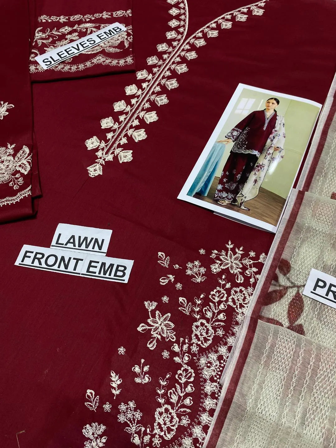 Unstitched Maroon Embroidered 3-Piece Lawn Suit for Eid & Weddings