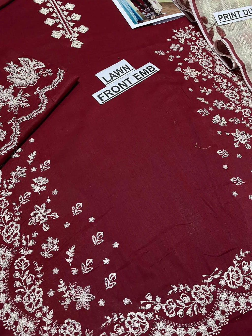 Unstitched Maroon Embroidered 3-Piece Lawn Suit for Eid & Weddings