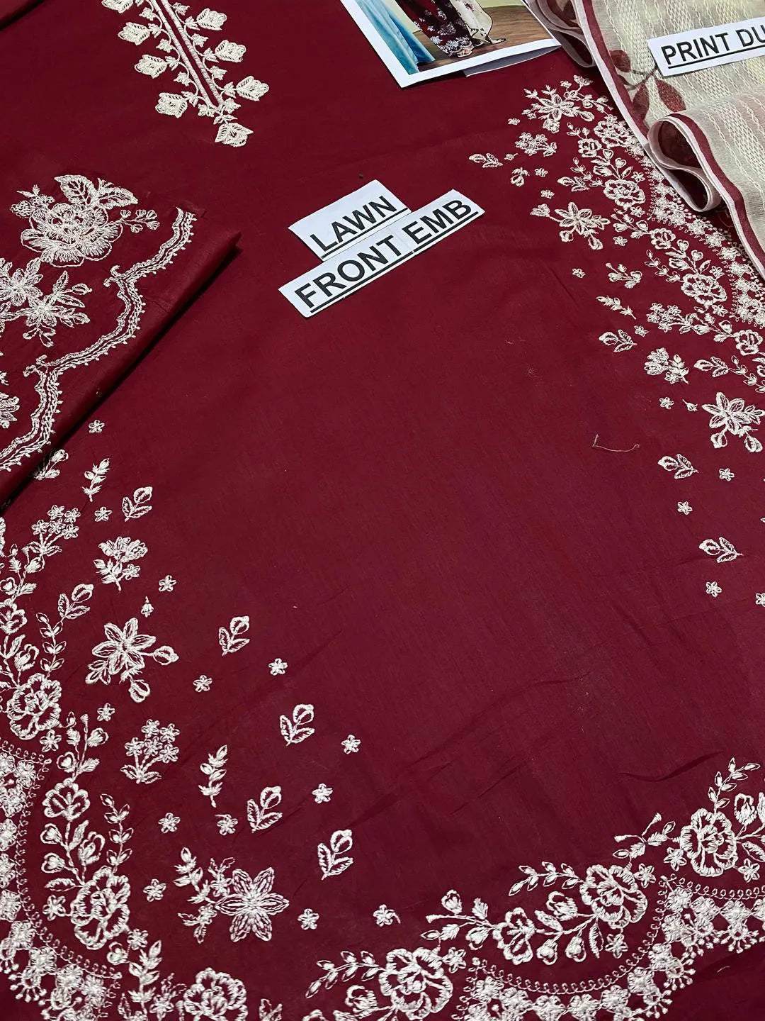 Unstitched Maroon Embroidered 3-Piece Lawn Suit for Eid & Weddings